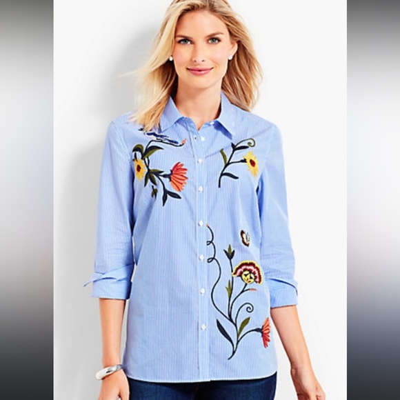 Talbots Embroidered 100% Cotton Button Down Ling Sleeve Blue & White Size Small - Picture 1 of 12